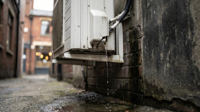 Water drips from a broken air conditioner unit mounted on a brick wall.