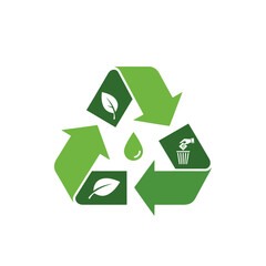 Obraz premium Recycling symbol with leaves water drop and waste bin icons on white background