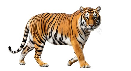 Obraz premium Majestic tiger walking isolated on white background, Orange and black stripes, Wildlife photography