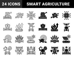Obraz premium Smart Agriculture Hybrid Icons Featuring Automated Harvester Combines Integrated with Artificial Intelligence Circuits Drones and Renewable Energy