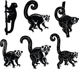Lemur illustrations, stylized poses, climbing gesture, curled tail, geometric pattern, black and white, vector art, animal design, character set © TAHASINANJUM