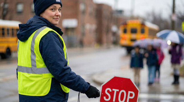 A friendly female crossing guard holds a stop sign in the rain, ensuring student safety.