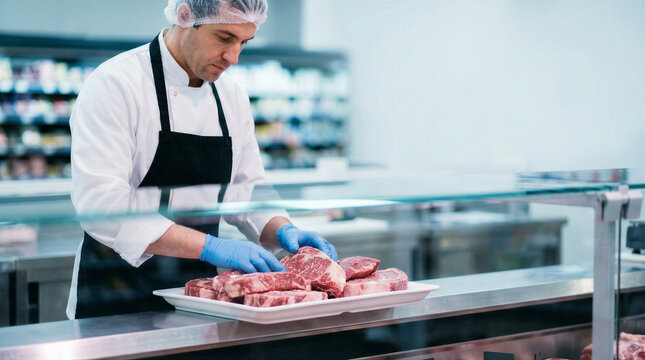A butcher in a hairnet and apron meticulously arranges fresh cuts of meat for sale.