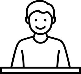Obraz premium Hand Drawn Man Sitting at Desk Black and White Avatar Illustration in Minimal Line Art Style Design