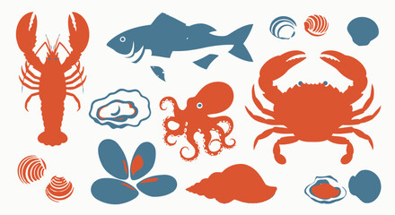 Seafood assortment vector illustration lobster fish crab shells octopus © siron