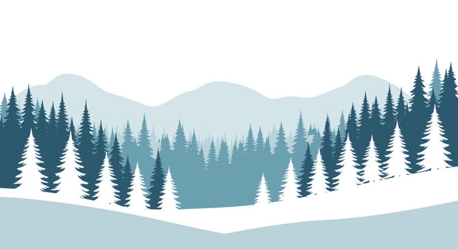 Stylized winter landscape with snow covered hills and evergreen trees