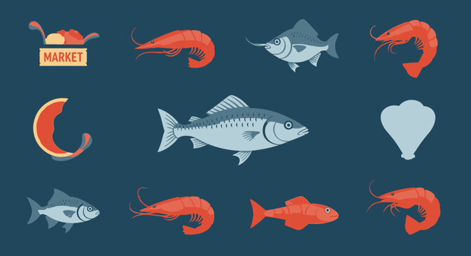 Variety of seafood illustrations shrimp fish and market elements