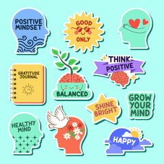 Fototapeta premium Colorful Mental Health Motivational Sticker Set – Positive Mindset, Self Care, Happy Cartoon Vector Collection