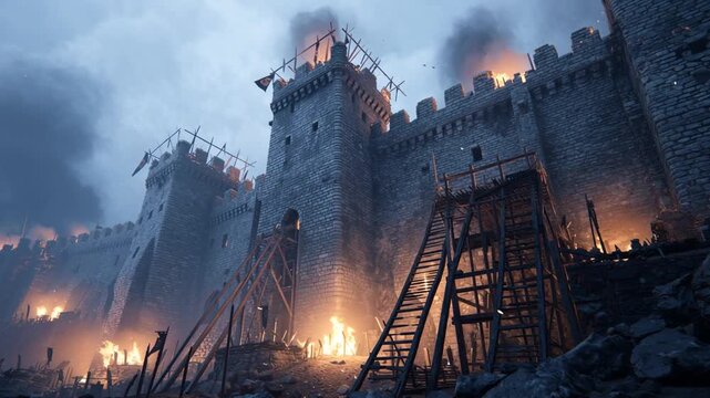 Scorched stone castle walls with broken siege ladders and torn banners, smoke lingering in the air, capturing an epic aftermath scene of historical conflict with no soldiers present.
