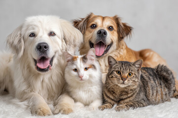 Fototapeta premium A group of pets including dogs and cats lying on a soft blanket together