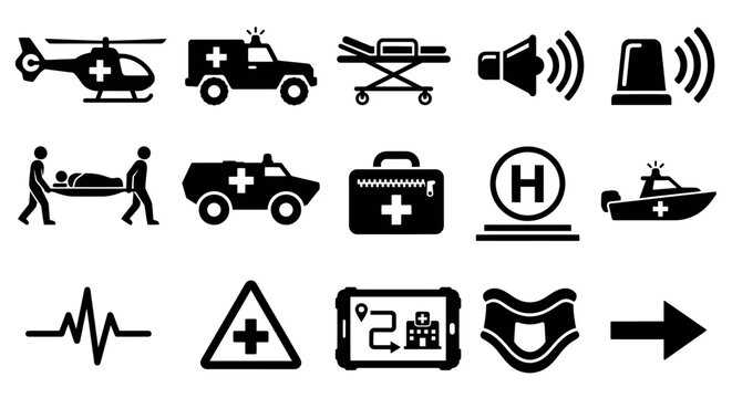 Solid black icons for medical evacuation and emergency transport. Rescue helicopters, ambulances, and stretchers collection. Vector illustration for emergency management apps, war strategy games, and 