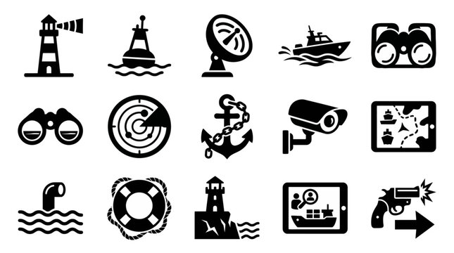 Solid black icons for coastal surveillance and maritime security. Lighthouses, patrol boats, and naval radar collection. Vector illustration for marine strategy games, port management blogs, and tacti