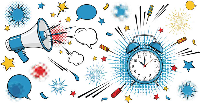 Pop Art New Year Celebration Elements Set with Alarm Clock, Megaphone, Fireworks, Stars, Speech Bubbles and Confetti Comic Style Vector Illustration