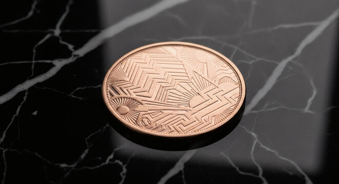 A geometrically patterned Art Deco coin in rose gold, displayed on a polished black marble surface with subtle white veining, reflection visible, elegant and sophisticated, glamorous studio lighting, 