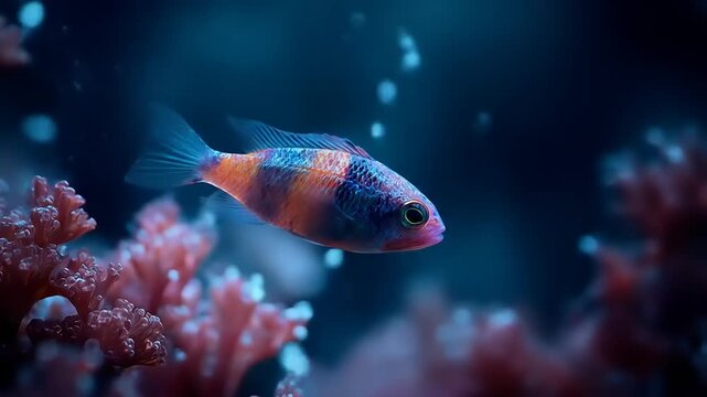 Colorful fish swims near coral reef underwater environment