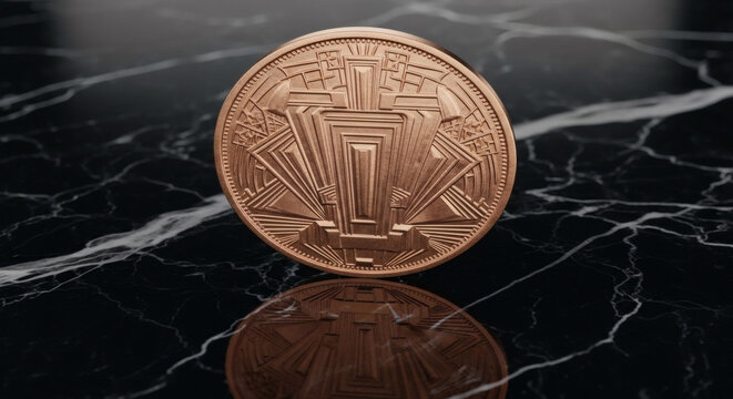 A geometrically patterned Art Deco coin in rose gold, displayed on a polished black marble surface with subtle white veining, reflection visible, elegant and sophisticated, glamorous studio lighting, 