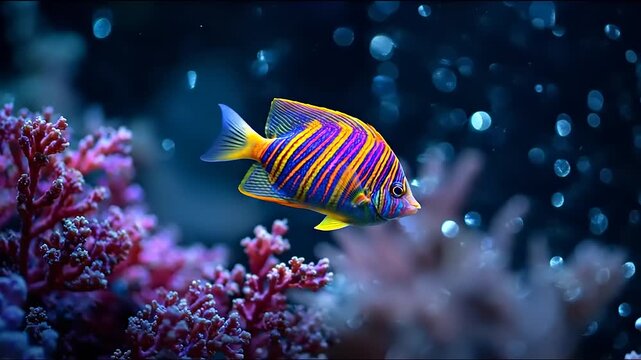 Colorful tropical fish swimming near coral reefs in underwater environment