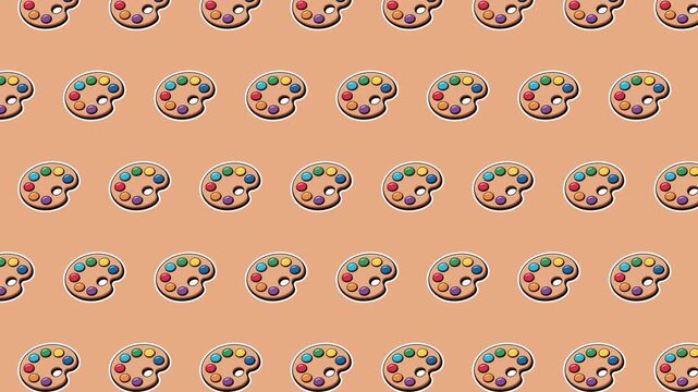 Animated Seamless Artist Paint Palette Pattern Background with Colorful Art Palettes and Paint Dots Icons, Creative Painting Tools Repeat Design, Cute Cartoon Style for Art School, Craft, Creative