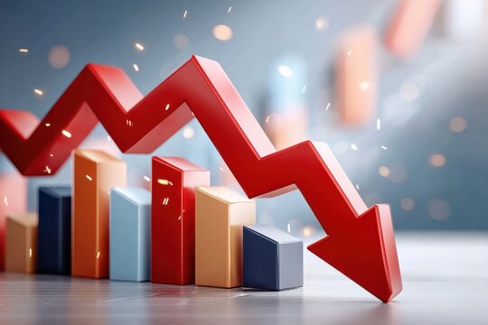 Red arrow breaking through bar chart graph, business decline and financial loss concept