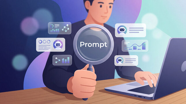 Man Using Laptop Analyzing AI Prompts Through Magnifying Glass, Artificial Intelligence Concept, Prompt Engineering, Data Analysis, Chatbot Interface, Digital Research, Flat Illustration