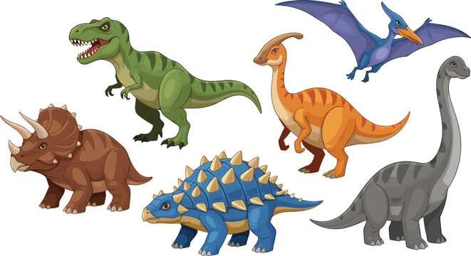 Prehistoric dinosaur characters collection tyrannosaurus triceratops ankylosaurus brachiosaurus pterodactyl cartoon flat vector illustration set