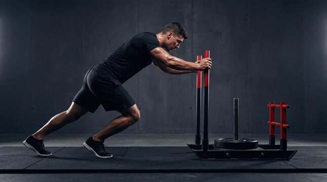 A young  man pushes a weighted sled in a gym. He wears a black t-shirt and shorts, focusing on strength training in a dark environment.