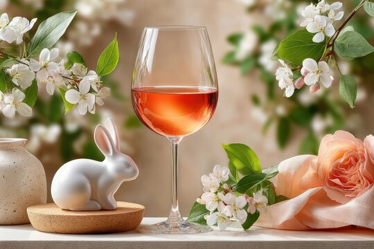 Glass of light pink ros&eacute; wine with blossoms, ceramic bunny and peach rose on stone table