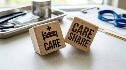 Wooden blocks with care and care share text symbolize healthcare and support, placed on table with medical and office items in soft natural light