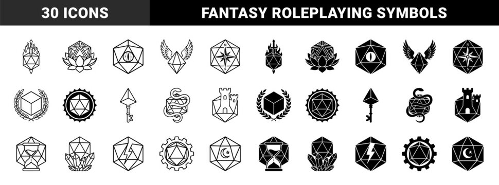 Dungeons and Dragons Polyhedral Dice Hybrid Icons Featuring Fantasy RPG Elements Like Sword Lotus Eye Compass Key Snake Castle and Hourglass