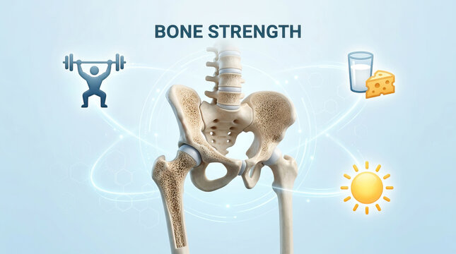 Bone strength pelvic bone human skeleton calcium vitamin d nutrition healthy lifestyle exercise sunlight dairy support strong bone health with medical illustration of pelvis glowing icons