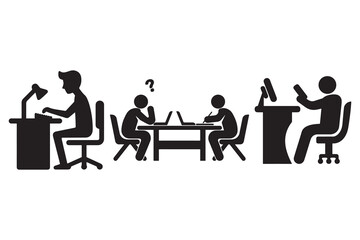 Silhouettes of business people sitting at tables in a cafe having coffee meeting and working together vector illustration
