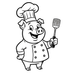 Naklejka premium Cartoon pig chef holding spatula ready to cook in black and white