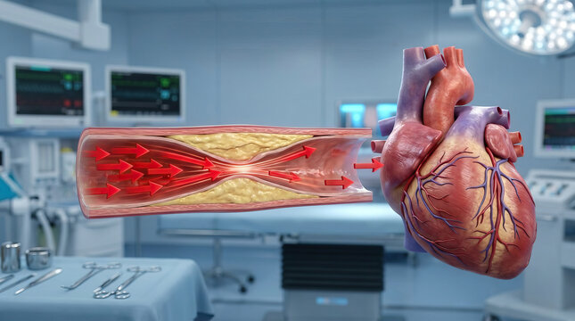 3d illustration human heart clogged artery blood flow medical anatomy healthcare cardiology heart disease cholesterol plaque hospital Conceptual 3d illustration human heart and clogged artery