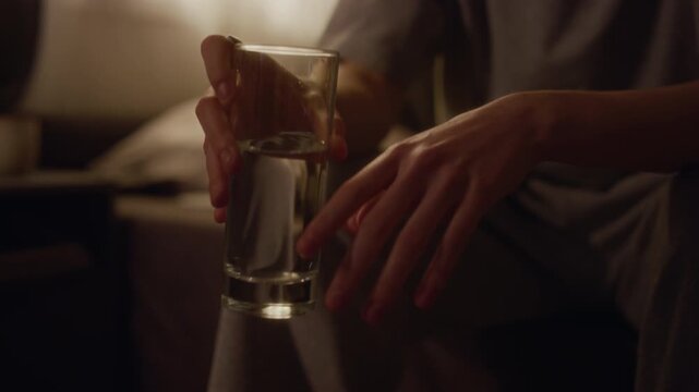 Close up on arms of unrecognizable young adult woman holding glass of water with trembling hands sitting on bed in low key lit room while anxiety or panic attack starting