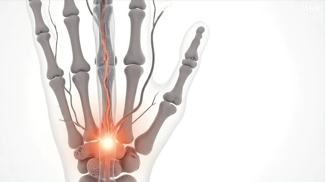 Close up of a CGI medical animation showing the skeletal structure of a human hand with glowing joints and nerve pathways highlighting inflammation and pain points for educational purposes