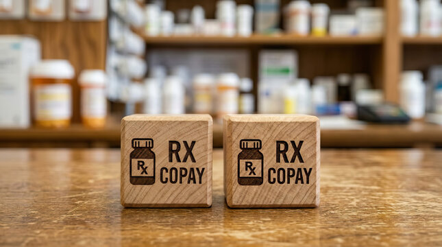 Pharmacy counter wooden block rx copay prescription bottle health care medical payment drug store medication pharmacy interior blurred background pharmacy counter wooden block rx copay icon stands