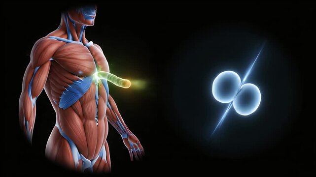 Detailed 3D CGI animation of human musculature system showing pectorals deltoids and abdominal muscles in anatomical detail on a dark background suitable for medical education and scientific