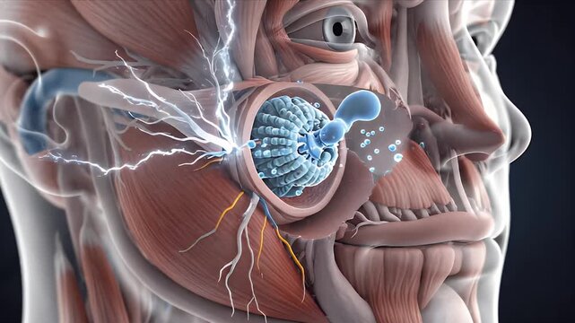 Detailed 3D Medical Visualization of the Human Salivary Gland Within the Facial Musculature Showing Ductal System and Fluid Secretion Against a Dark Background Educational Graphic