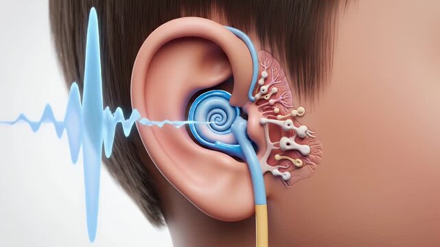 Detailed CGI Comparison Style Animation of Human Ear Anatomy and Auditory Process with Sound Waves and Cochlear Nerve Signal Transmission for Educational Healthcare Presentations and Research
