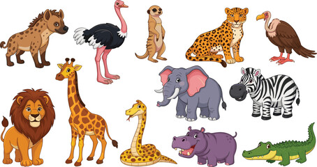 African safari animals collection lion giraffe elephant zebra ostrich hyena crocodile cartoon wildlife flat vector illustration set © EdGe Creative