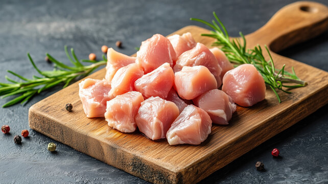 Raw chicken meat fillet cut into cubes on a cutting board 