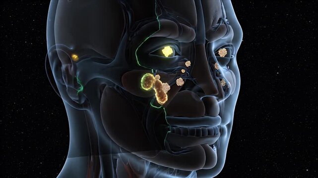 Detailed CGI of Human Facial Musculature and Lymph Nodes Highlighted in a Translucent Blue Head Model on a Dark Starry Background for Medical Education and Research Presentations