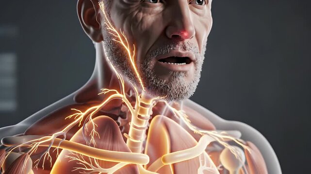 Detailed CGI visualization of the human cough reflex pathway with glowing neural networks illustrating sensory and motor nerve activation and brainstem integration for educational medical