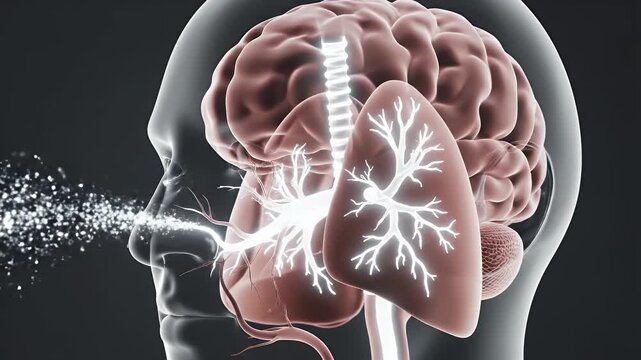 Detailed CGI visualization of the human respiratory and nervous systems within a transparent head model illustrating the pathway of inhaled particles or pathogens into the lungs for educational and