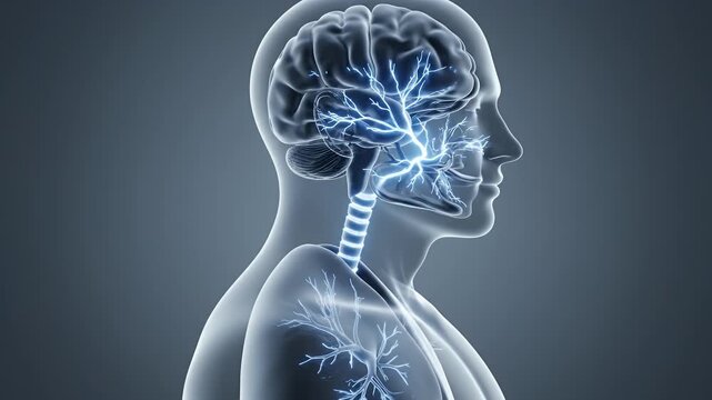 Detailed CGI visualization of the human respiratory and nervous systems with a translucent male figure on a neutral gray background highlighting electrical signals within the brain, nerves and lungs