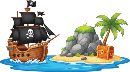 Poster Piraten Pirate ship sailing near treasure island with palm tree and chest cartoon flat vector illustration  © EdGe Creative