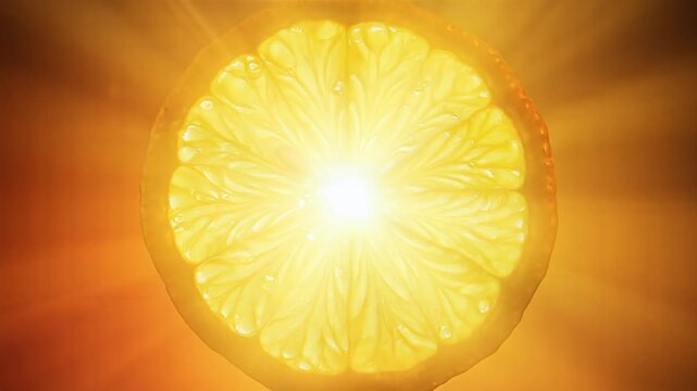 Close up of a backlit citrus fruit slice displaying vibrant color and texture with bright light rays