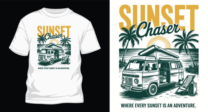 Sunset chaser t-shirt design with vintage camper van, palm trees and beach scene vector art