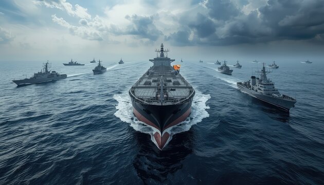 Oil Tanker Escorted by Military Warships in Persian Gulf, Geopolitical Tension and Maritime Security Concept, Dramatic Sunset Naval Illustration.