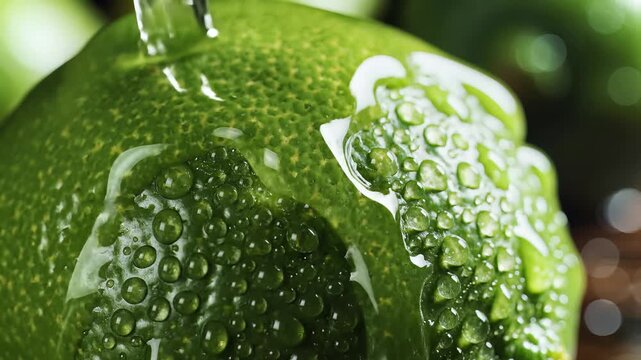 Close up of a green citrus fruit with water droplets showing texture and detail